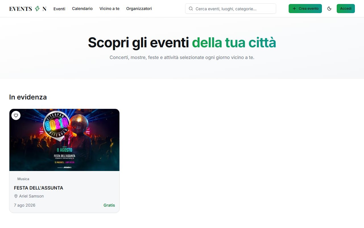 Screenshot della home page di Events On